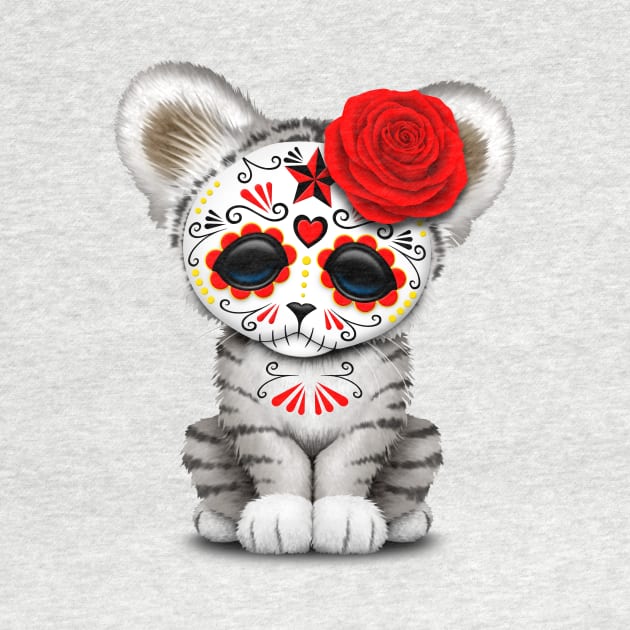 Red Day of the Dead Sugar Skull White Tiger Cub by jeffbartels